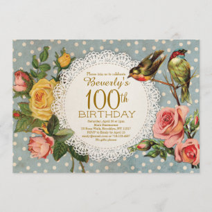 100e anniversaire Invitation Roses Floral Birds Bl