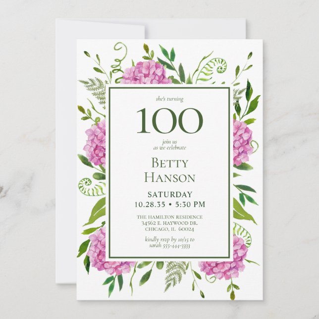100e Anniversaire Pink Hydrangeas Demande de carte (Devant)