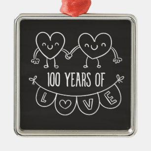 100th Anniversary Gift Chalk Hearts Metal Ornament