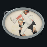 100th Anniversary of Baseball Belt Buckle<br><div class="desc">Artist: Norman Rockwell | Pitcher winds up while ump looks on</div>