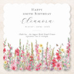 100th Birthday August Birth Flower Custom Paper Coaster<br><div class="desc">Perfect table decor for an August birthday party. Pink gladiolus is the birth flower for that month. It forms a pretty watercolor bottom border on this floral personalized coaster. The birthday guest of honour's name, age and birthdate are placed above it using elegant calligraphy and typography. All text is editable....</div>