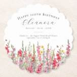 100th Birthday August Birth Flower Custom Paper Coaster<br><div class="desc">Perfect table decor for an August birthday party. Pink gladiolus is the birth flower for that month. It forms a pretty watercolor bottom border on this floral personalized coaster. The birthday guest of honour's name, age and birthdate are placed above it using elegant calligraphy and typography. All text is editable....</div>