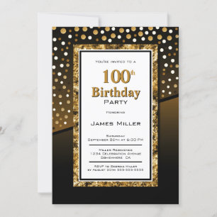 100th Birthday Black and Gold Invitation