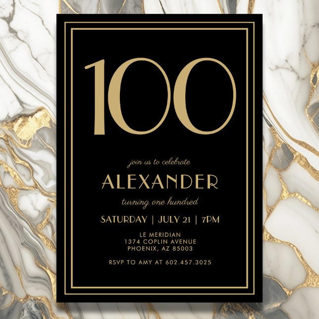 100th Birthday Black and Gold Modern Minimal Adult Invitation (Elegant black and gold 100th birthday invitation design for him or her.)