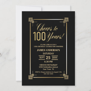 100th Birthday Black and Gold Party Invitation