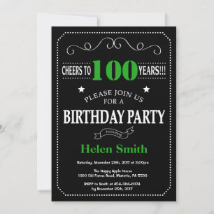 100th Birthday Black and Green Chalkboard Invitation