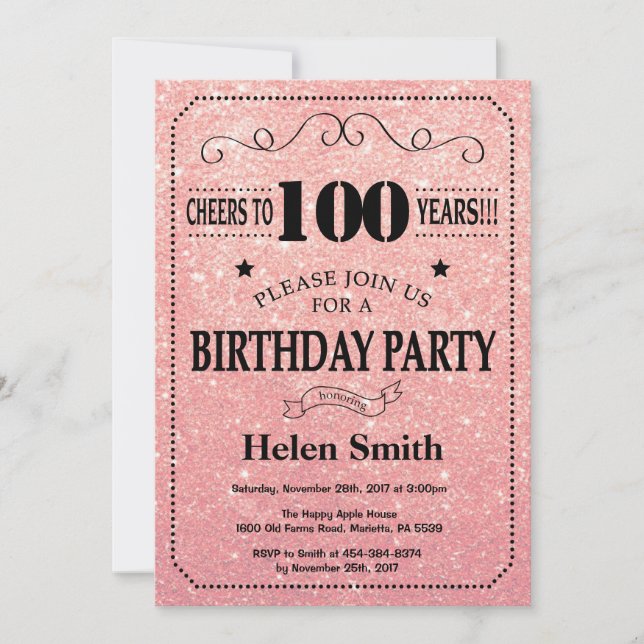 100th Birthday Black and Pink Rose Gold Glitter Invitation (Front)