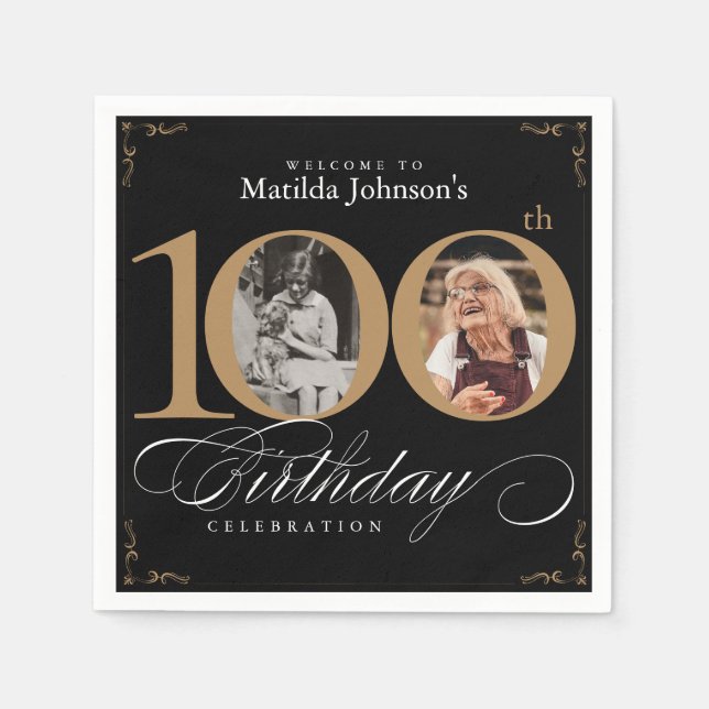 100th Birthday Black Gold Calligraphy Custom Photo Napkin (Front)