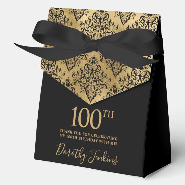 100th Birthday Black Gold Damask Thank You  Favor Box (Front)