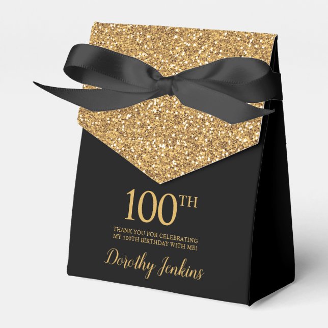 100th Birthday Black Gold Glitter Thank You Favor Box (Front Side)