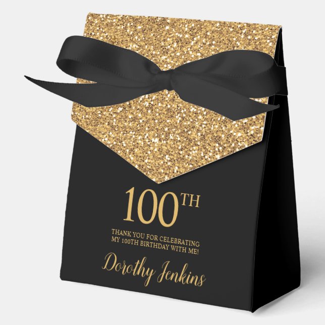 100th Birthday Black Gold Glitter Thank You Favor Box (Front)