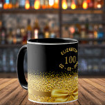 100th birthday black gold name elegant bow mug<br><div class="desc">Elegant,  classic,  glamorous and feminine.  A faux gold colored bow and ribbon.  Black background. Templates for her name,  age 100 and date of birth.  Curved text and golden letters</div>
