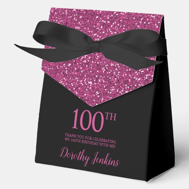 100th Birthday Black Hot Pink Glitter Thank You Favor Box (Front)