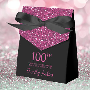 100th Birthday Black Hot Pink Glitter Thank You Favor Box