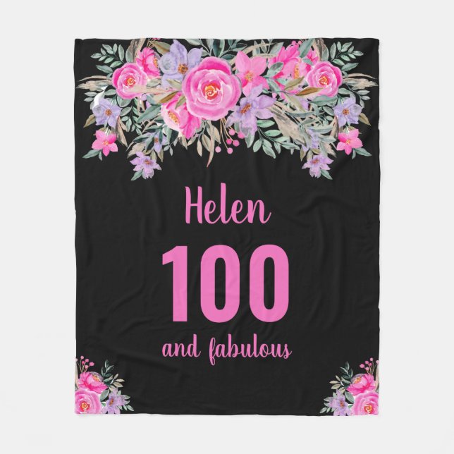 100th birthday black pink floral fleece blanket (Front)