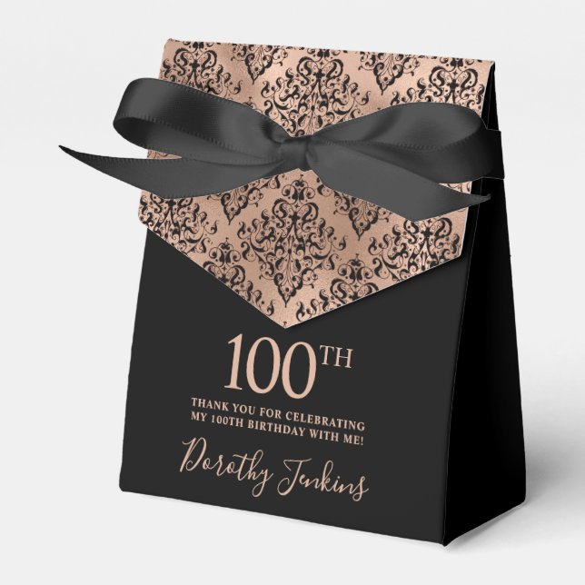 100th Birthday Black Rose Gold Damask Thank You Favor Box (Front Side)