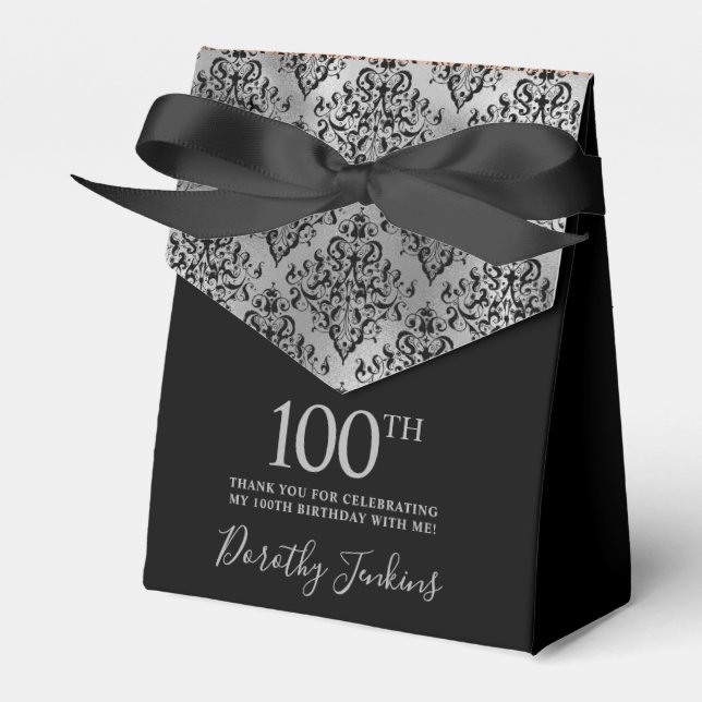 100th Birthday Black Silver Damask Thank You Favor Box (Front Side)