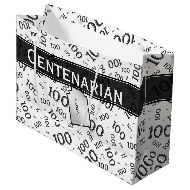100th Birthday Black/White Random Number Pattern Large Gift Bag (Front Angled)