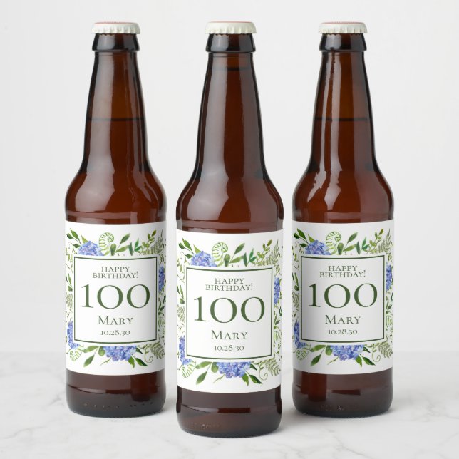 100th Birthday Blue Hydrangeas Beer Bottle Label (Bottles)