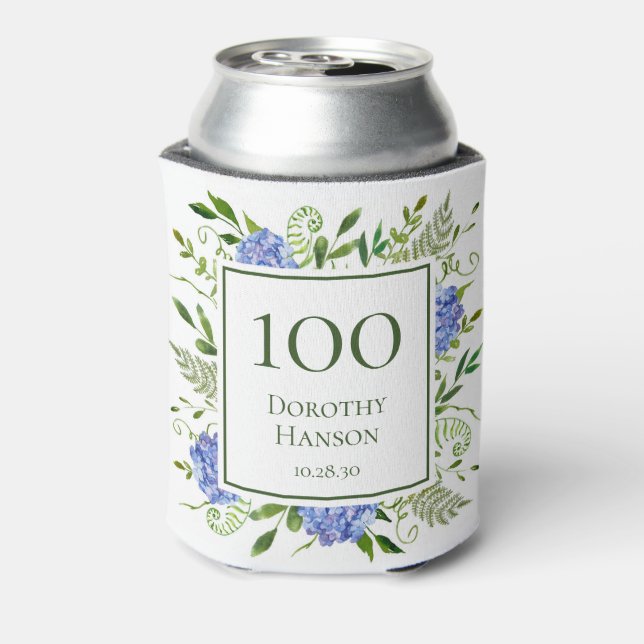 100th Birthday Blue Hydrangeas Can Cooler (Can Back)