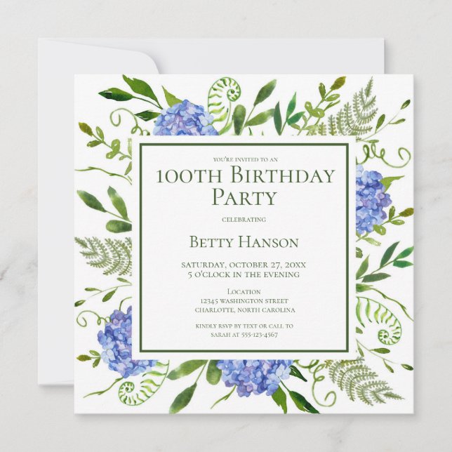 100th Birthday Blue Hydrangeas Card Request  (Front)