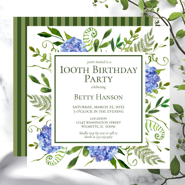 100th Birthday Blue Hydrangeas Invitation (Creator Uploaded)