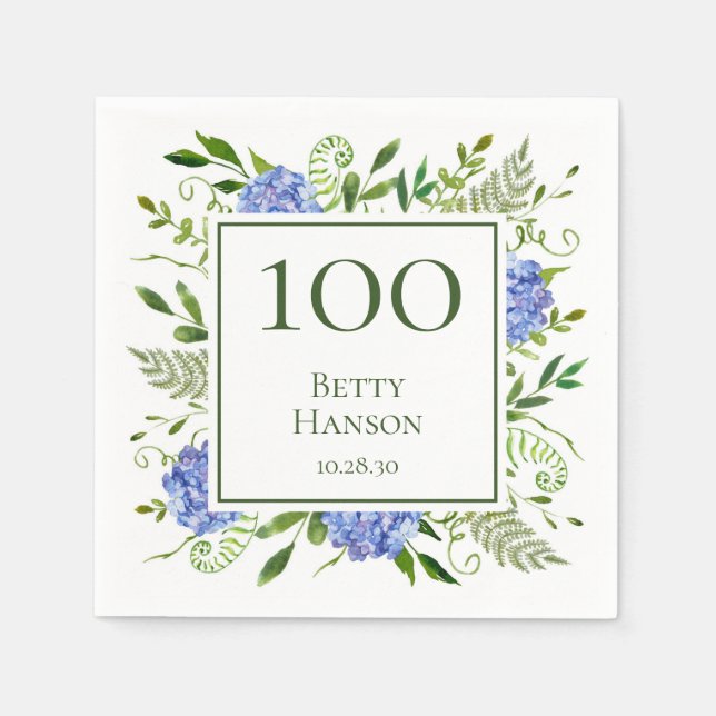 100th Birthday Blue Hydrangeas Napkin (Front)