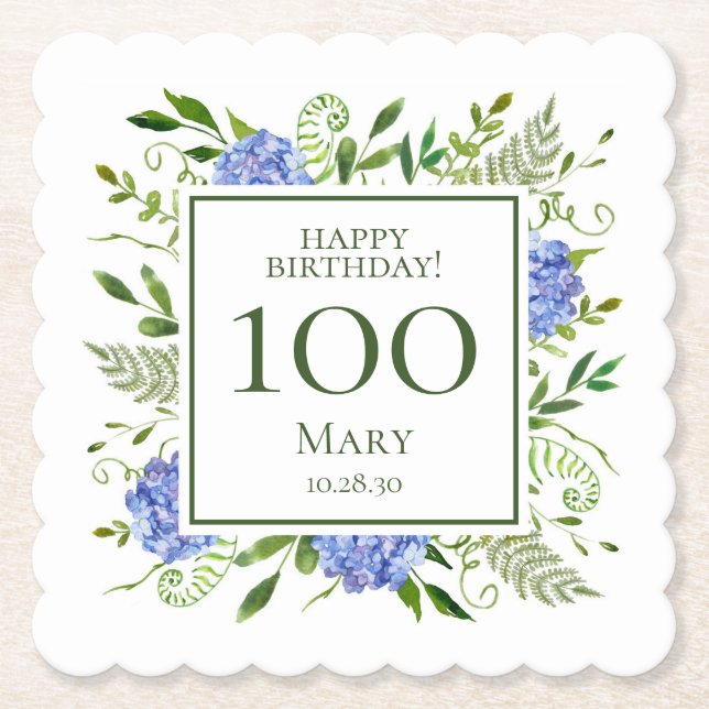 100th Birthday Blue Hydrangeas Paper Coaster (Front)
