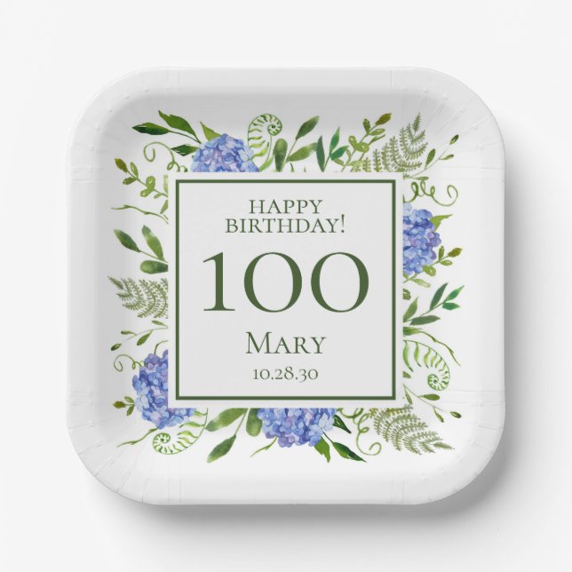 100th Birthday Blue Hydrangeas Paper Plate (Front)