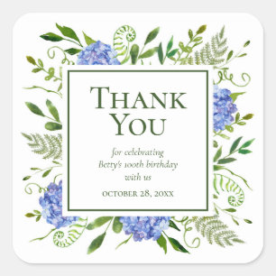 100th Birthday Blue Hydrangeas Thank You Square Sticker