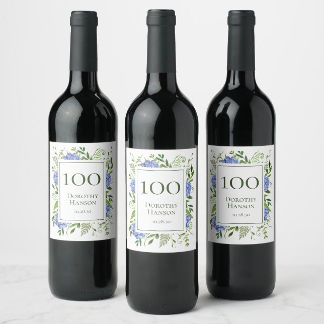 100th Birthday Blue Hydrangeas Wine Label (Bottles)