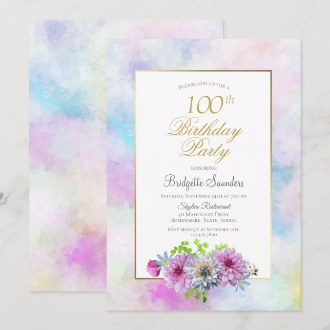 100th Birthday Blue Pink Floral Gold Pastel Border Invitation (Front/Back)