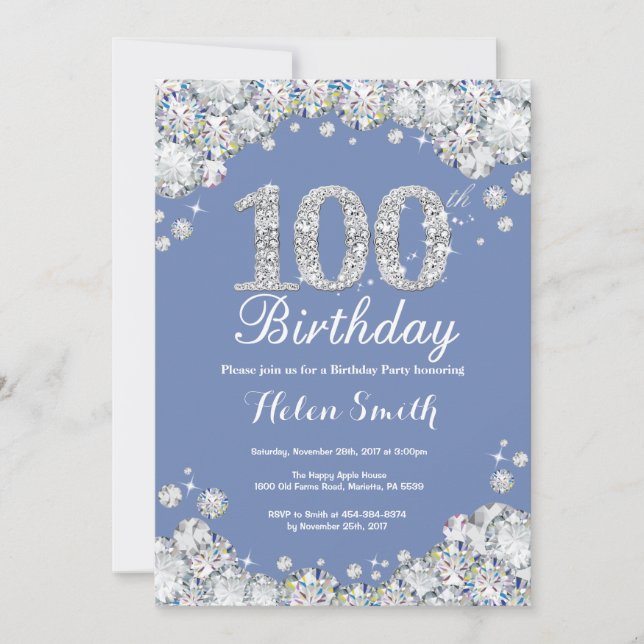 100th Birthday Blue Silver Diamond Invitation (Front)