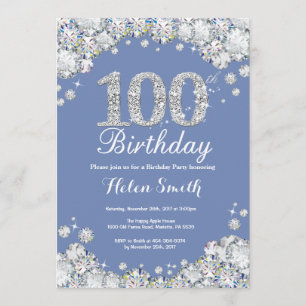 100th Birthday Blue Silver Diamond Invitation