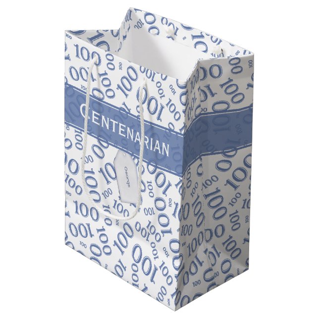 100th Birthday Blue/White Random Number Pattern Medium Gift Bag (Front Angled)