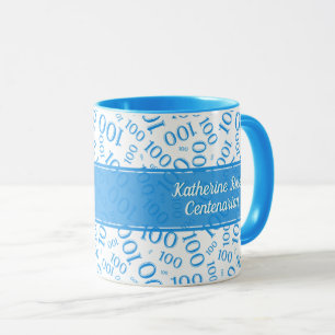 100th Birthday Blue & White Random Number Pattern Mug