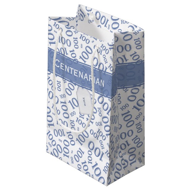 100th Birthday Blue/White Random Number Pattern Small Gift Bag (Front Angled)
