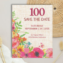 100th Birthday Bold Floral Linen Save the Date