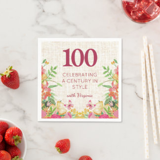 100th Birthday Bold Floral Linen Table Decor Paper Napkin