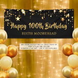 100th Birthday Brush Script Black Gold Stars Banner<br><div class="desc">Celebrate a 100th birthday for him or her with this black and gold themed banner with gold stars and handwritten brush script text you can personalize with your custom message. CHANGES: You can change the background colour and/or the text font style, size, colour and placement to coordinate with your birthday...</div>