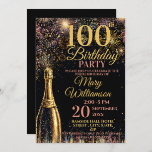 100th Birthday Bubbly Fireworks Gold Pink Invitation