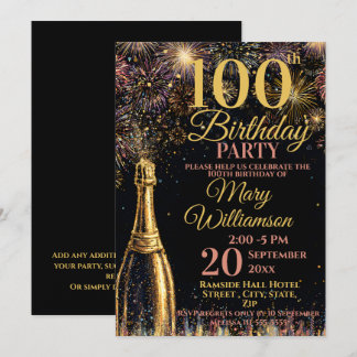 100th Birthday Bubbly Fireworks Gold Pink Invitation