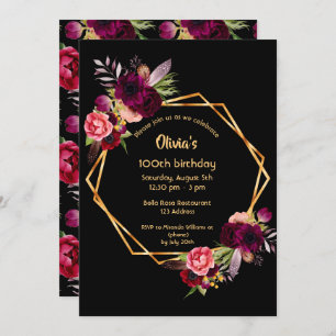 100th birthday burgundy floral geometric black invitation