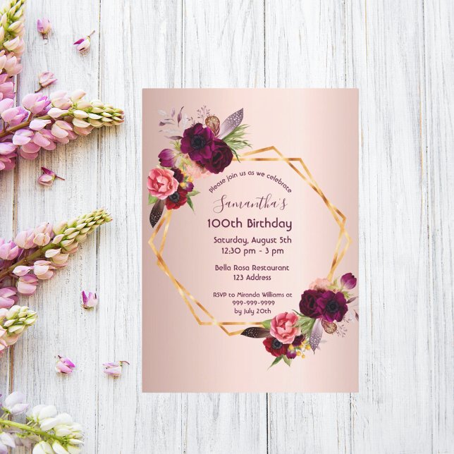 100th birthday burgundy floral rose gold geometric invitation (Creator Uploaded)
