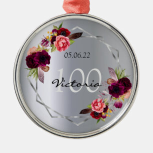 100th birthday burgundy florals geometric silver metal ornament