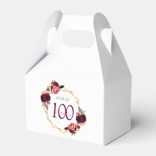 100th birthday burgundy florals geometric white favor box (Front Side)