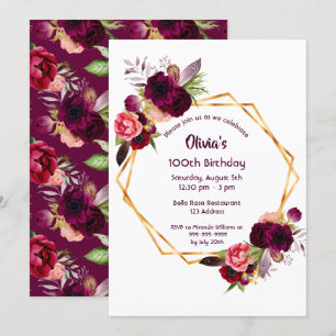 100th birthday burgundy florals gold geometric invitation