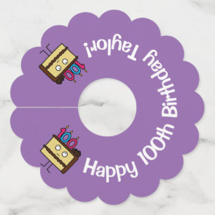 100th Birthday Cake with Candles chocolate icing Wine Glass Tag