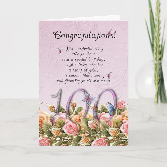 100th birthday card with butterflies and roses - c (Front)
