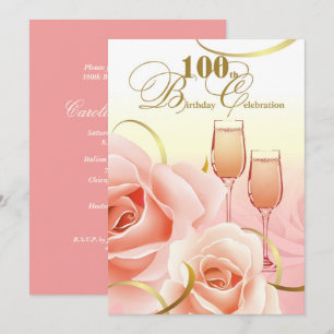 100th Birthday Celebration. Pink Peach Roses Invitation